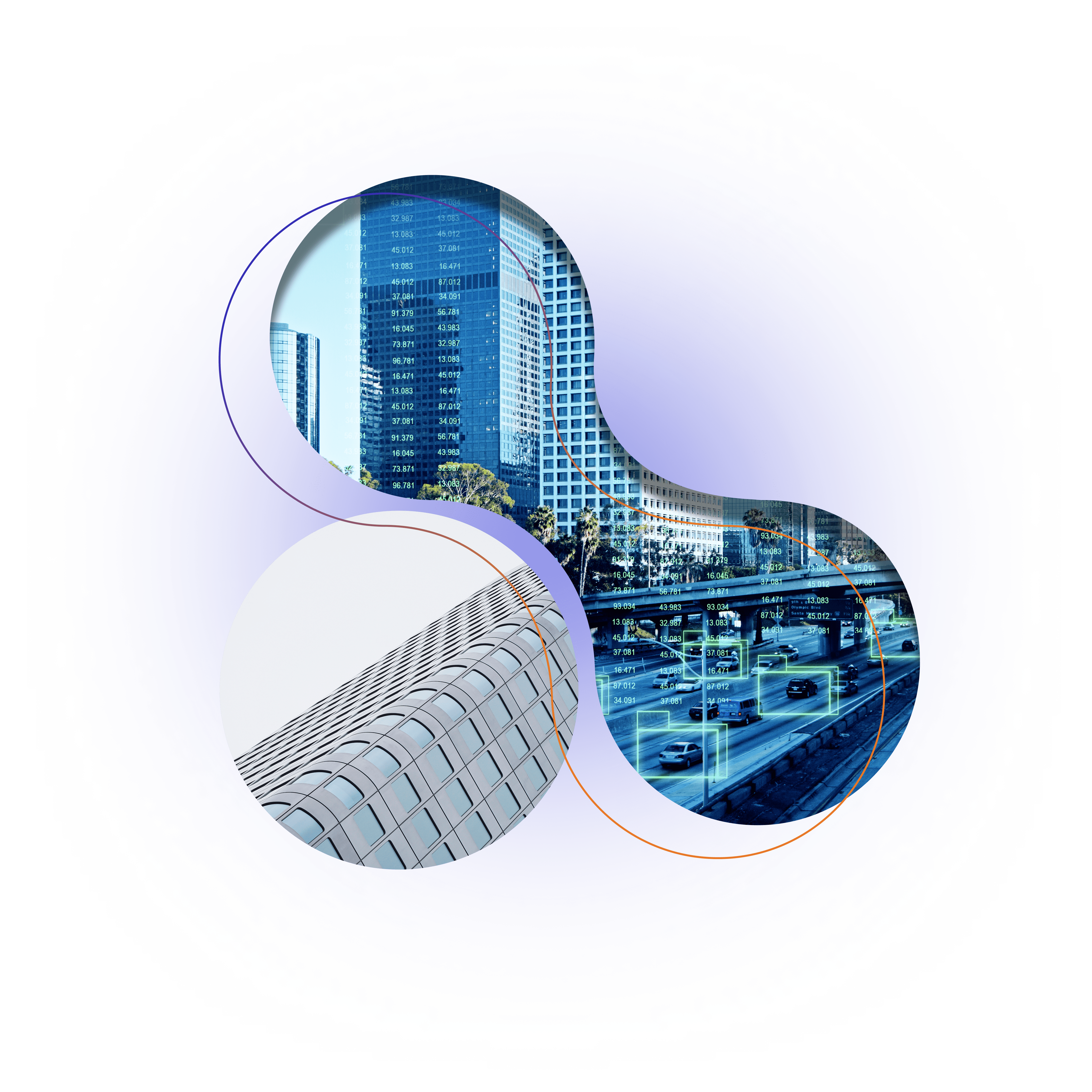 Digital collage of skyscrapers, curved facade, and data-layered highway on purple background