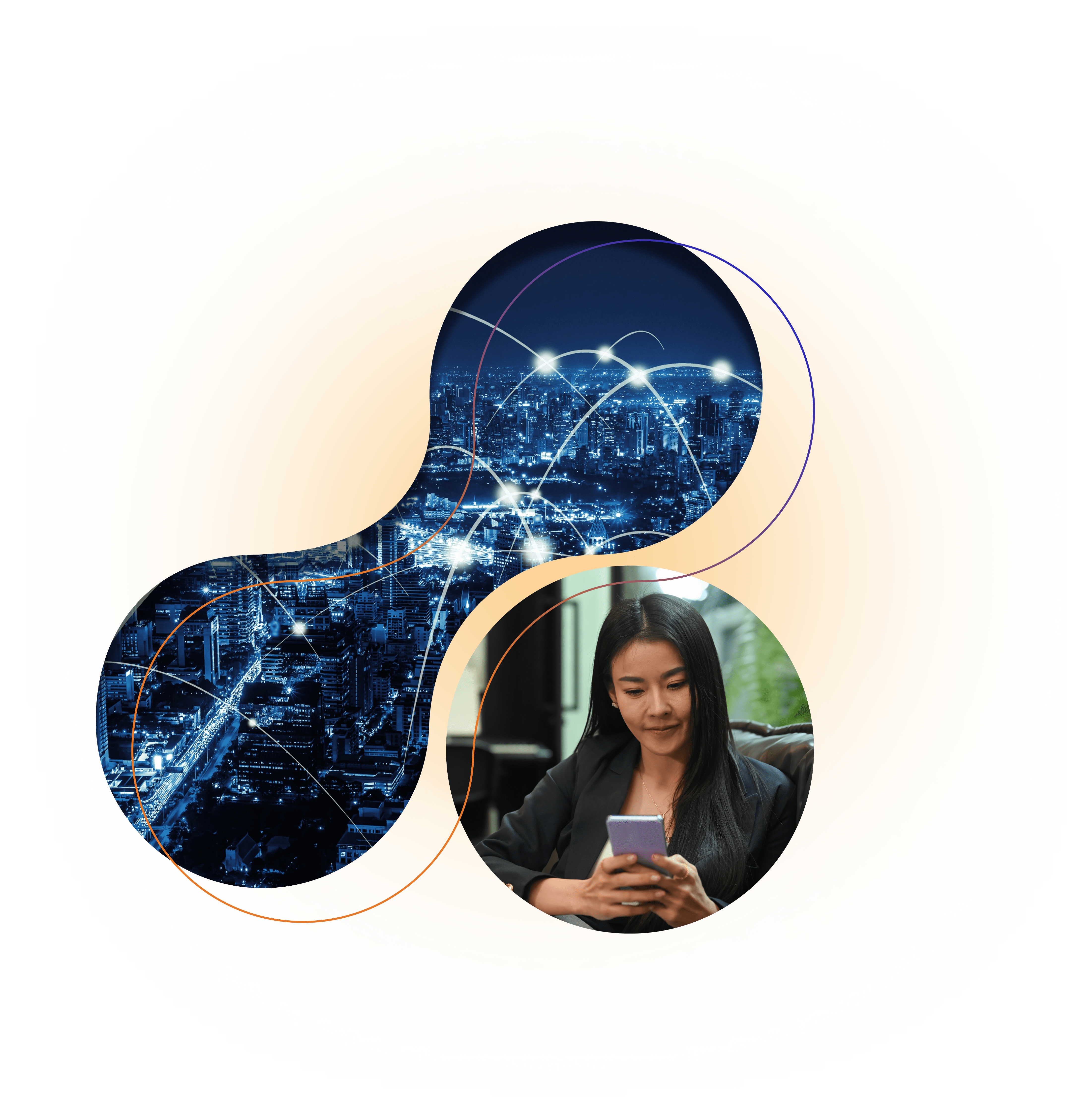 Woman on smartphone at night with cityscape and digital lines over warm abstract background