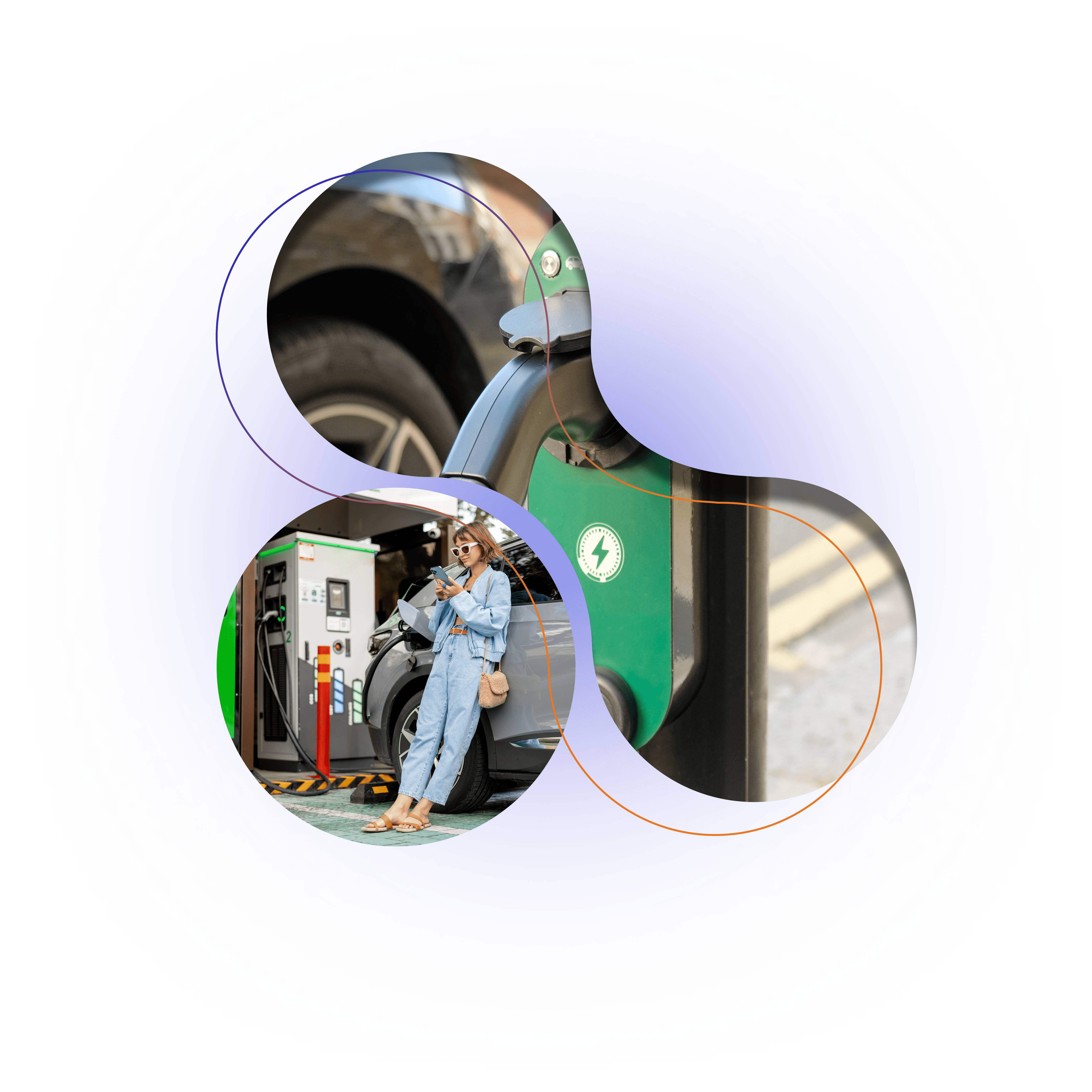 Woman in denim on phone at EV charger, framed by abstract circles on lavender