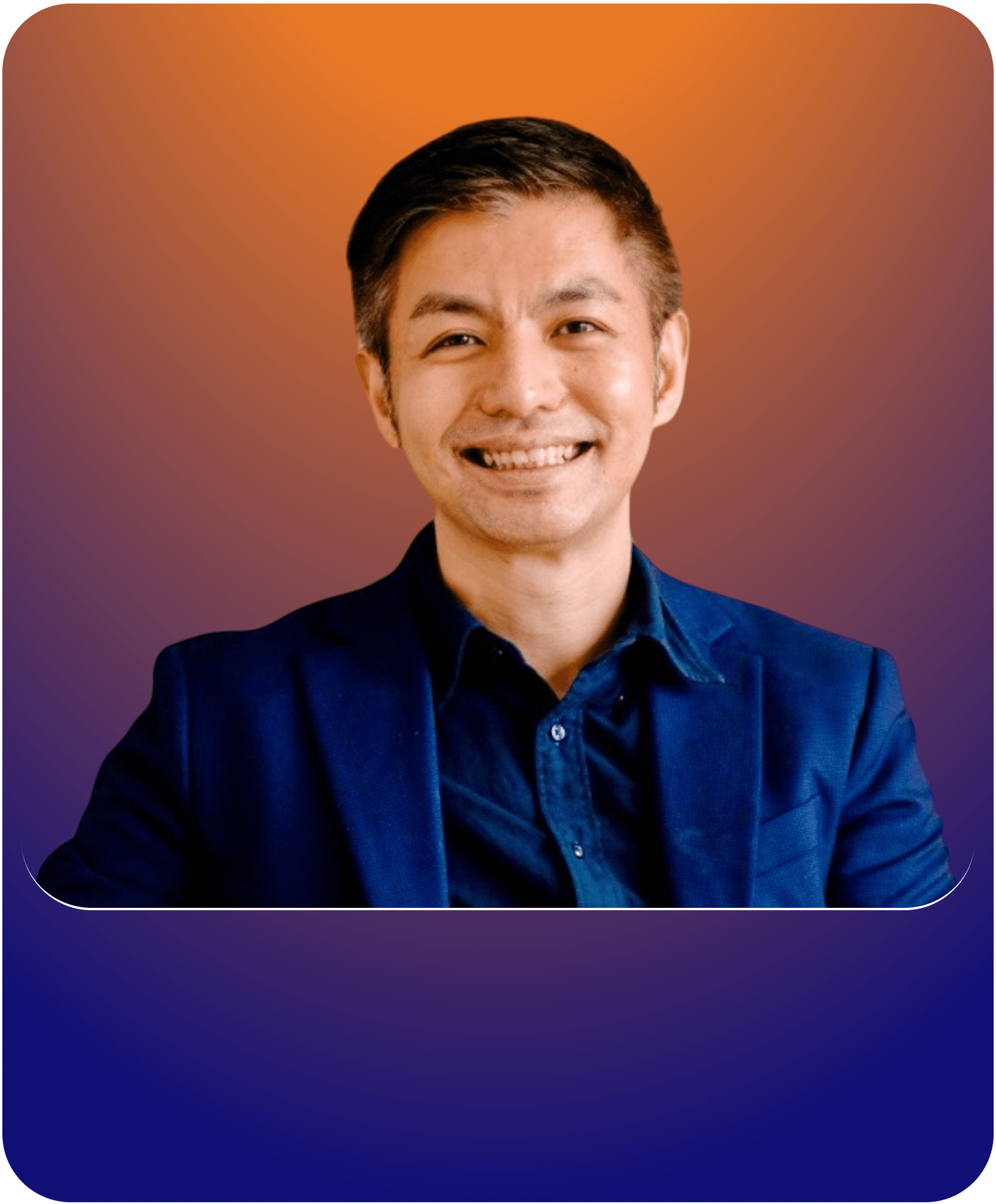 PMelvin Ong, Board Member, smiling in a blue suit against an orange-to-purple gradient background