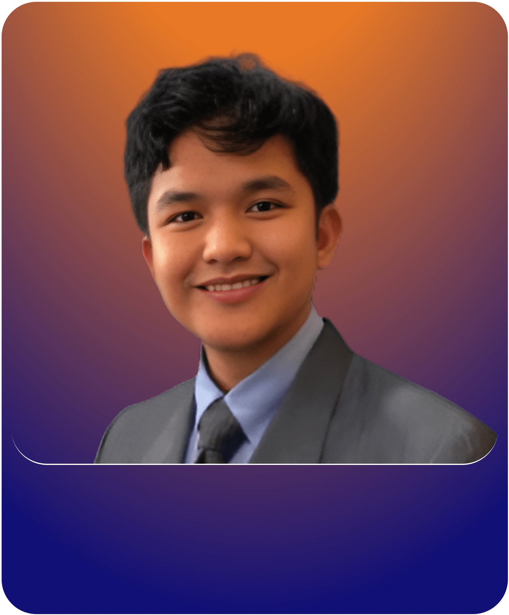 Amirul Annuar, Alternate Director, smiling in a grey suit and tie against an orange-to-purple gradient background.