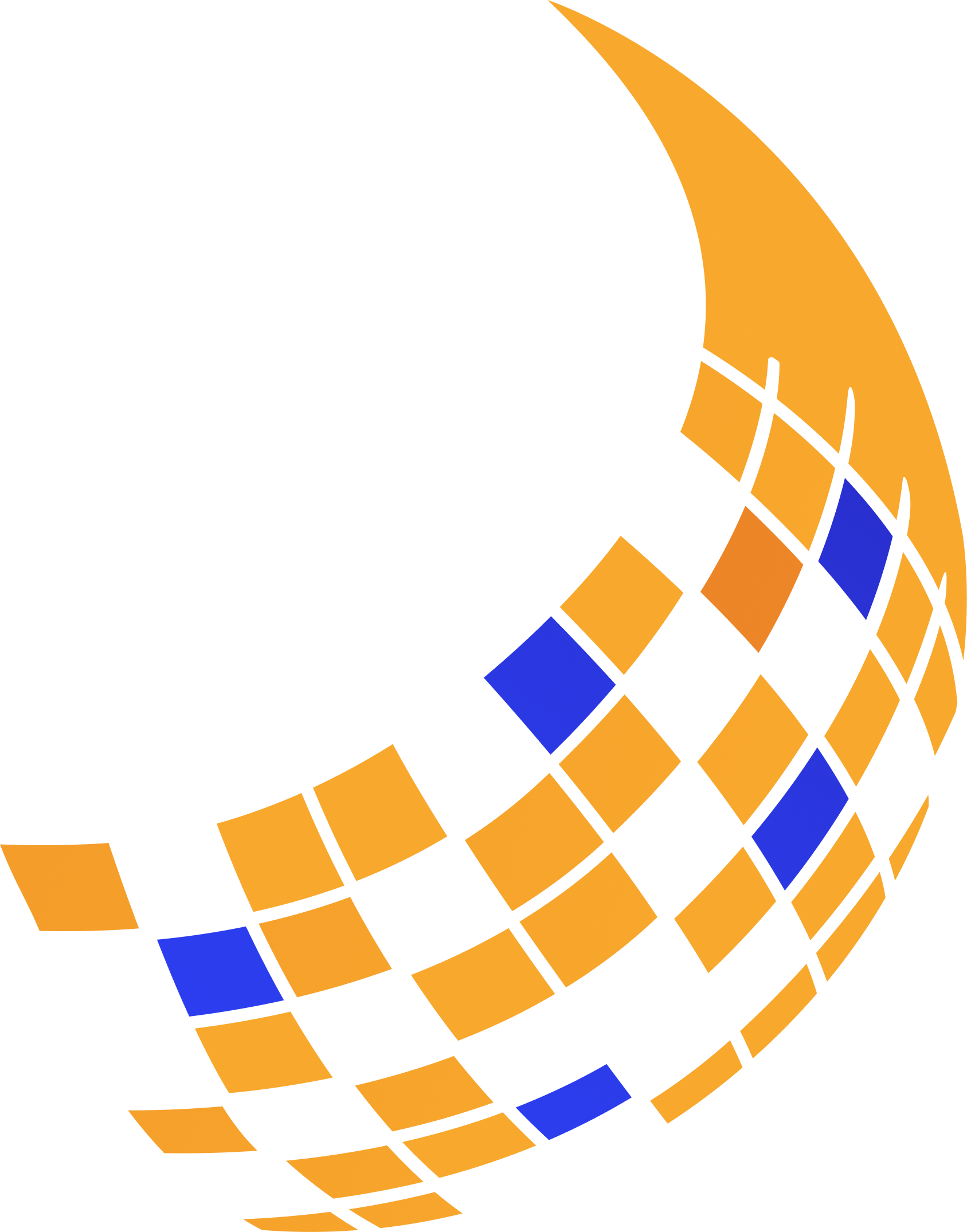 Curved orange-blue grid on black, symbolizing digital motion