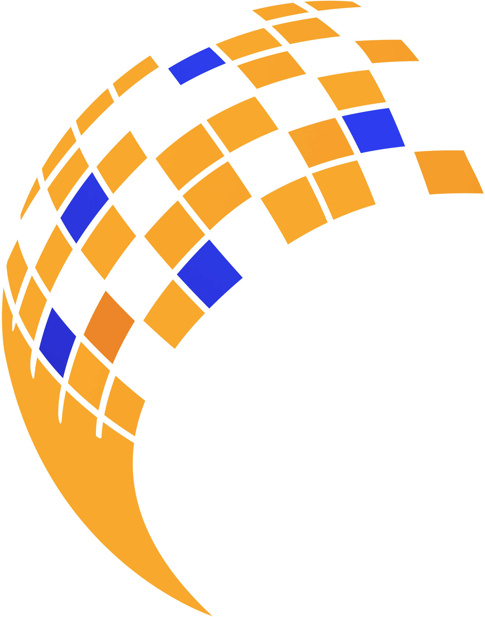 Checkered orange-blue sphere on black background, symbolizing digital dynamism